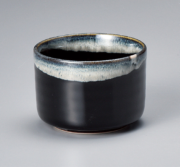 Matcha bowl, black with light, blue-grey rim