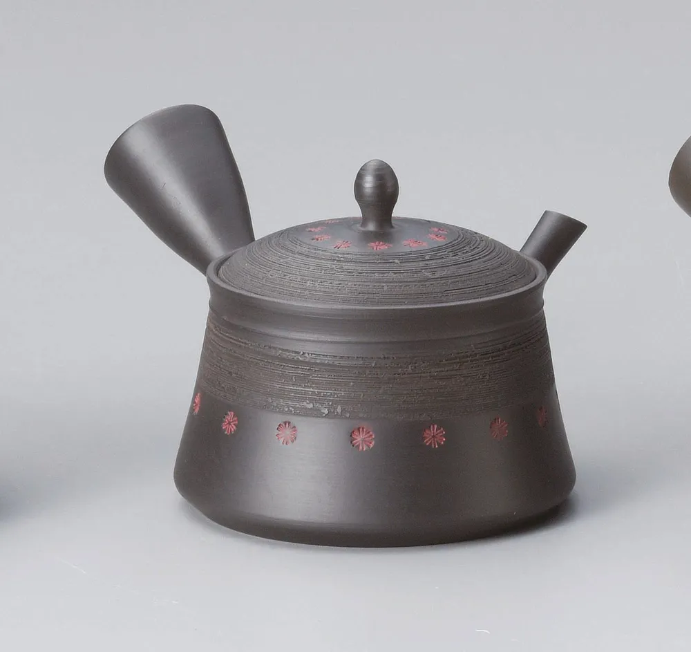Kyusu-Kännchen, zylindrisch, schwarz mit feinen Rillen und Blüten, 200 ml