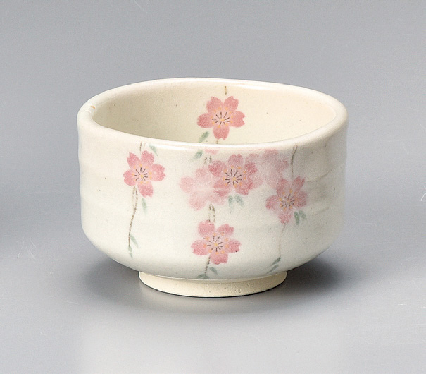 Matcha bowl, cream-coloured with cherry blossoms