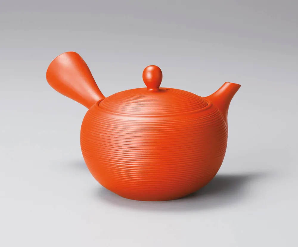 Kyusu-Kännchen, rund, rot mit Rillen, 350 ml